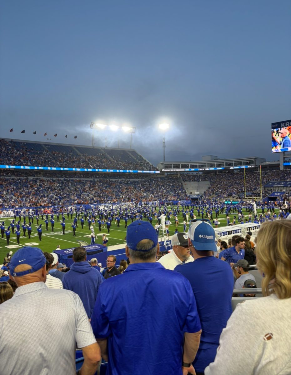 The band taking the field at a University of Kentucky football game. This game, the football team played against Texas. "We lost in overtime, but the game atmosphere was very cool to experience.", Allison Ricketts explained.  