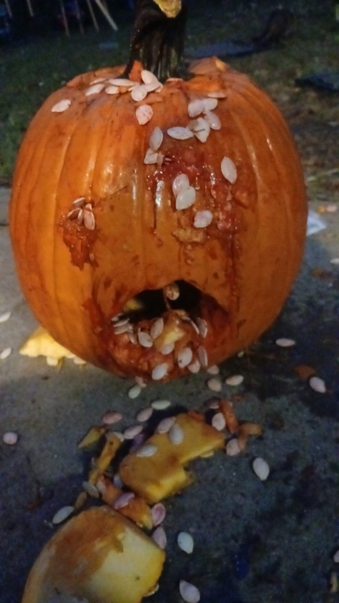 Student Katelyn McNeely's pumpkin that was carved during a family carving day in thier backyard. When picking the design she was unsure of what to do, and then decided she wanted to go for a more scary pumpkin than before. Katelyn's little sister Seorsie called it "a cool pumpkin".